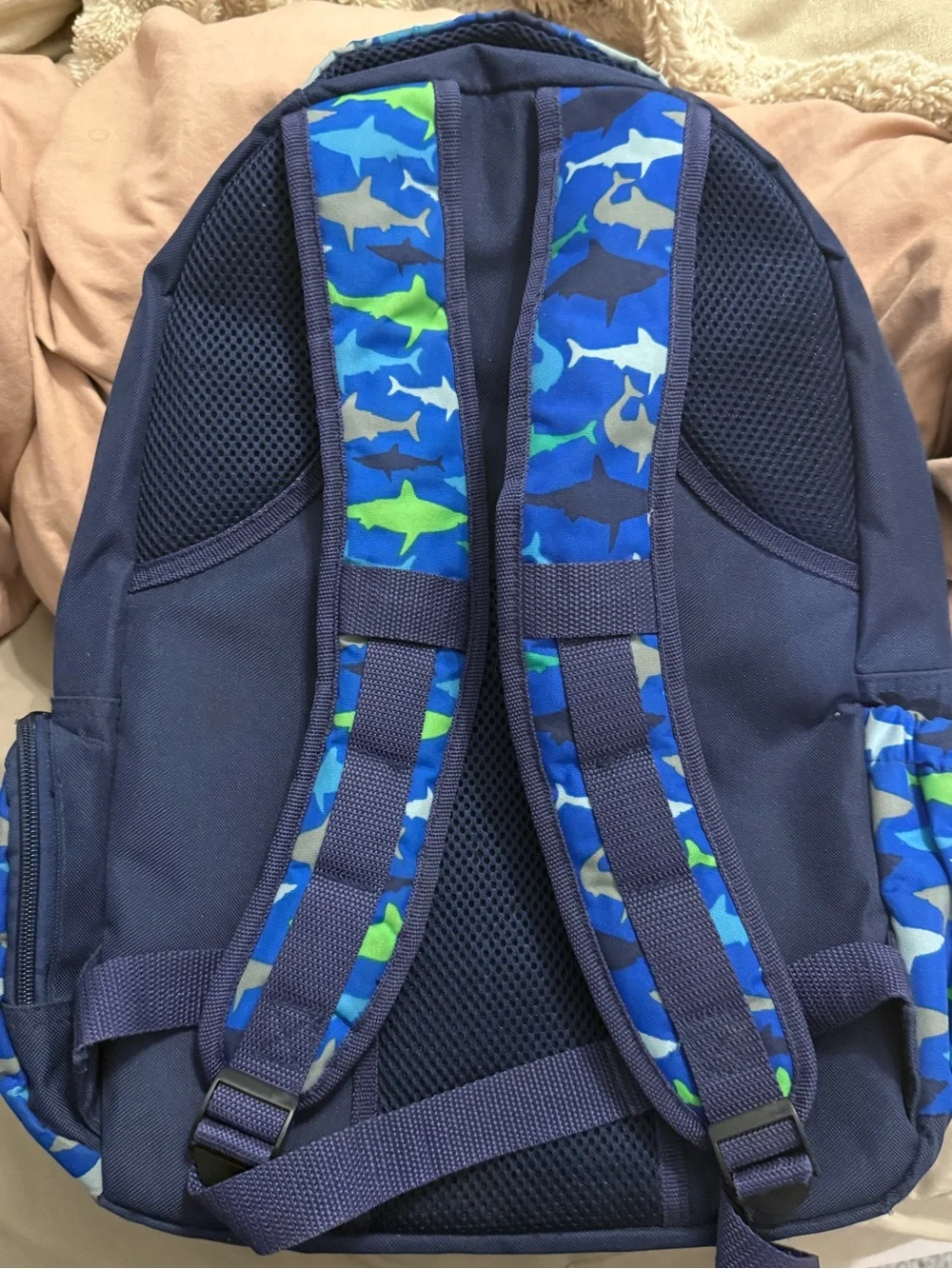 Personalized Blue Shark Print Backpack with Red Name Embroidery